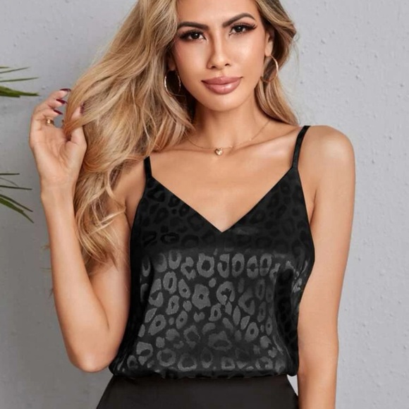 V neck cami tank top jacquard leopard print satin light blue - Picture 11 of 12